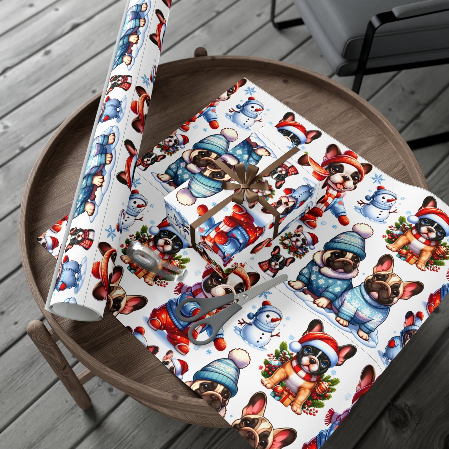 Gift Wrap -Frenchie Puppies Winter Wonderland Design