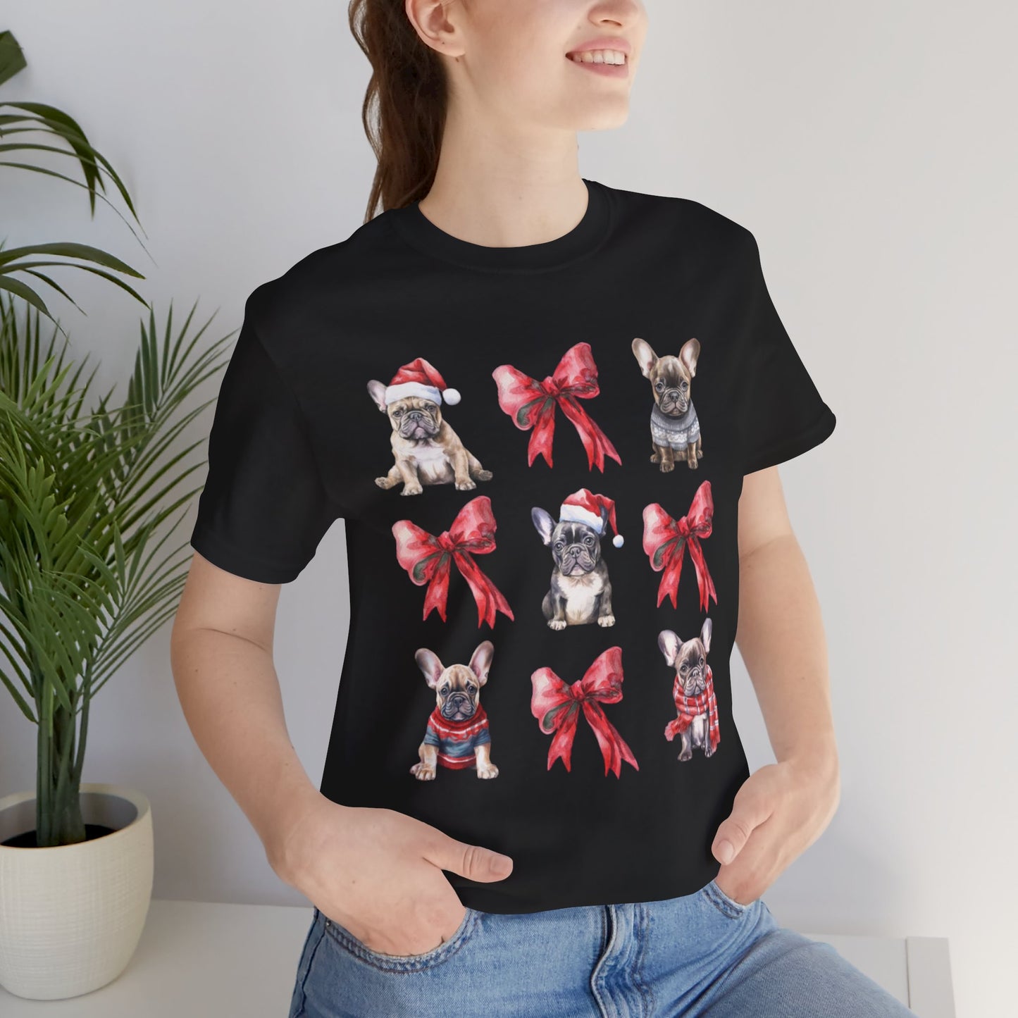 Frenchie Christmas Bow Unisex Jersey Short Sleeve Tee