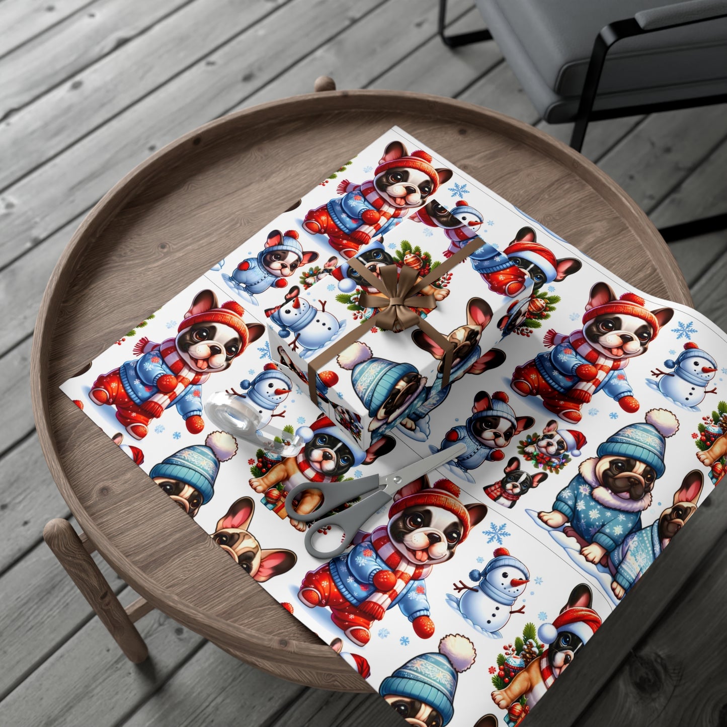 Gift Wrap -Frenchie Puppies Winter Wonderland Design