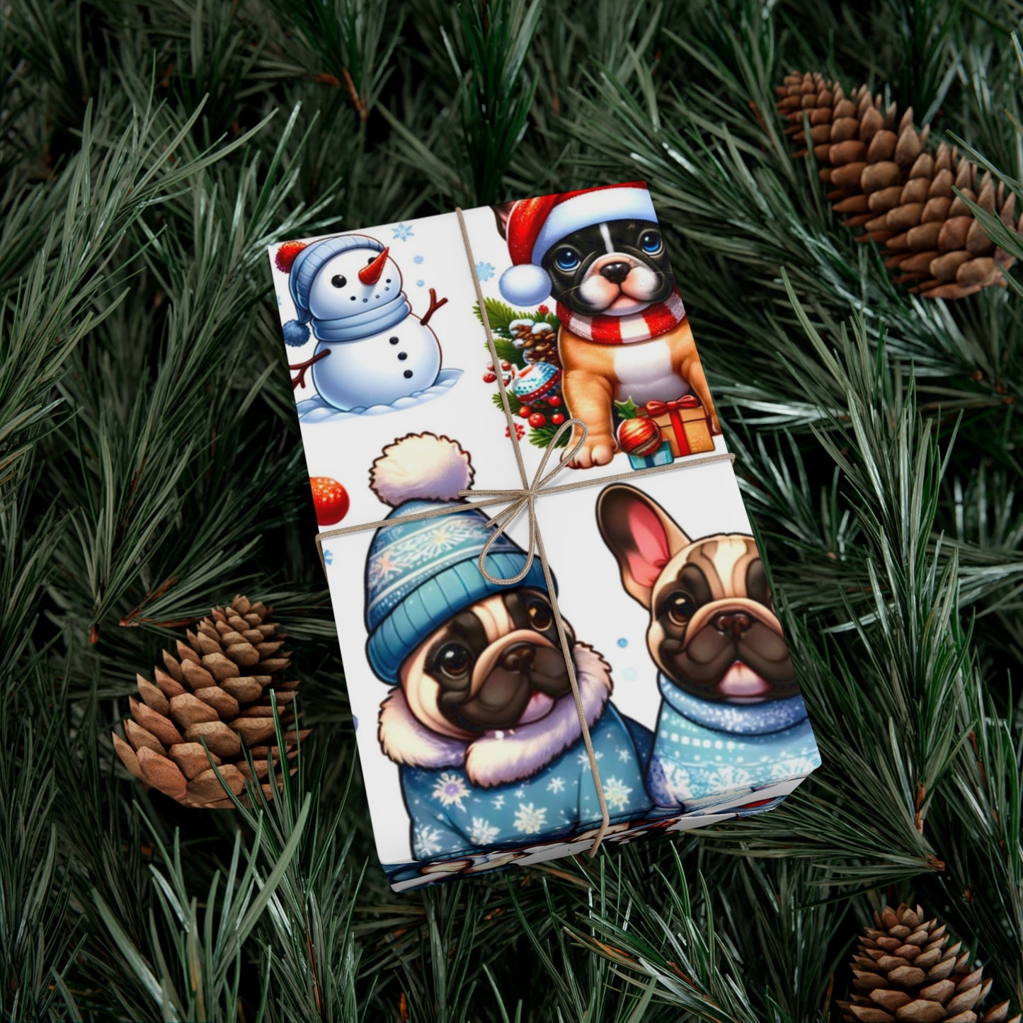 Gift Wrap -Frenchie Puppies Winter Wonderland Design