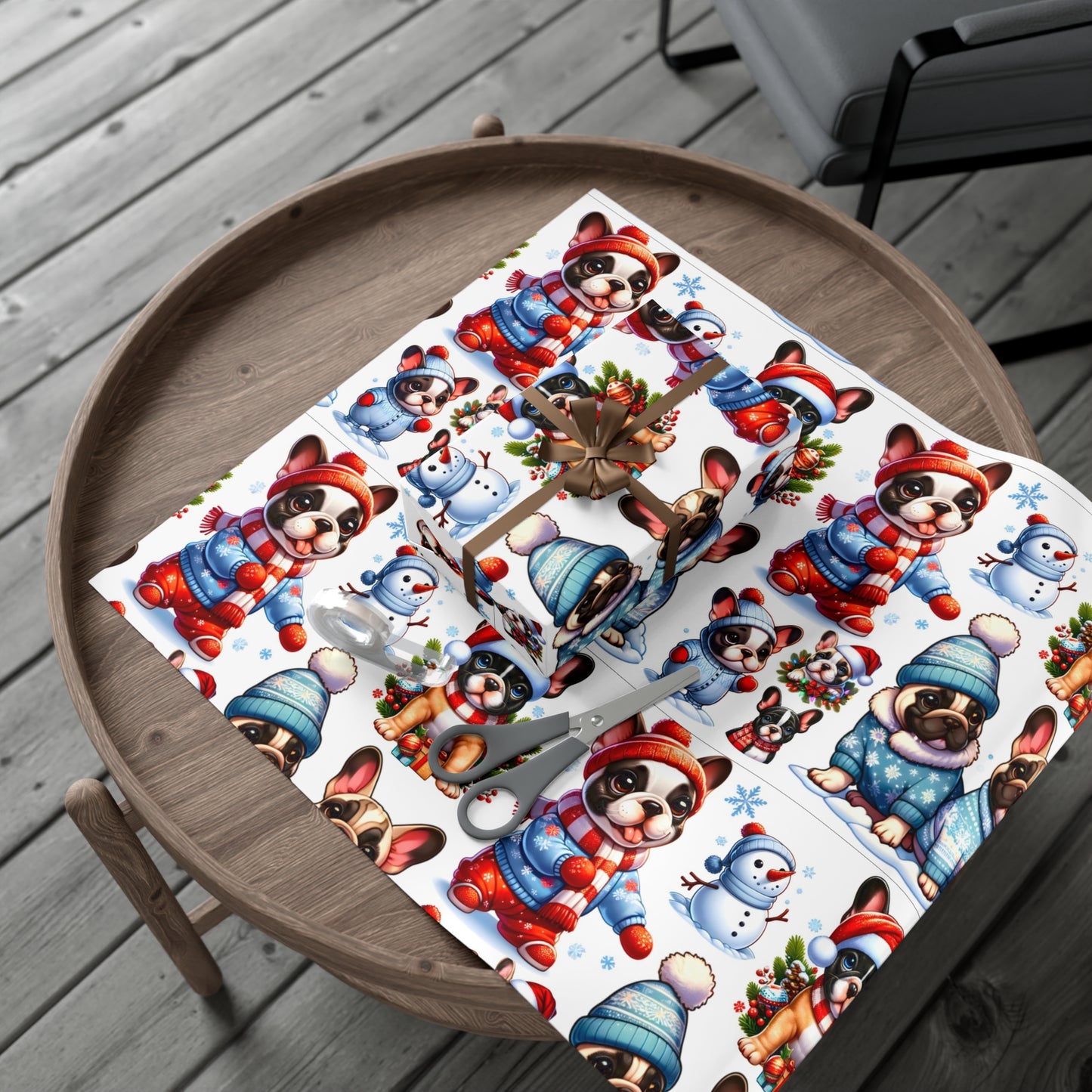 Gift Wrap -Frenchie Puppies Winter Wonderland Design