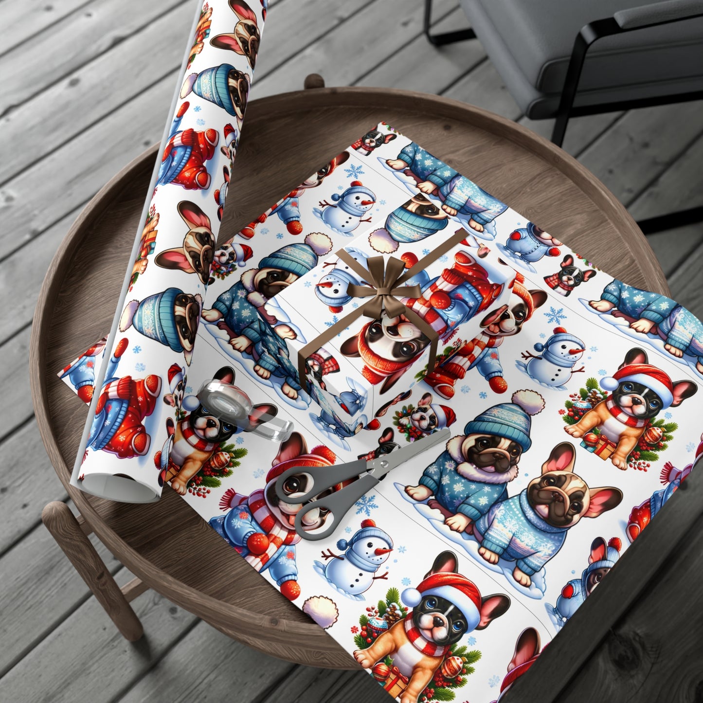 Gift Wrap -Frenchie Puppies Winter Wonderland Design