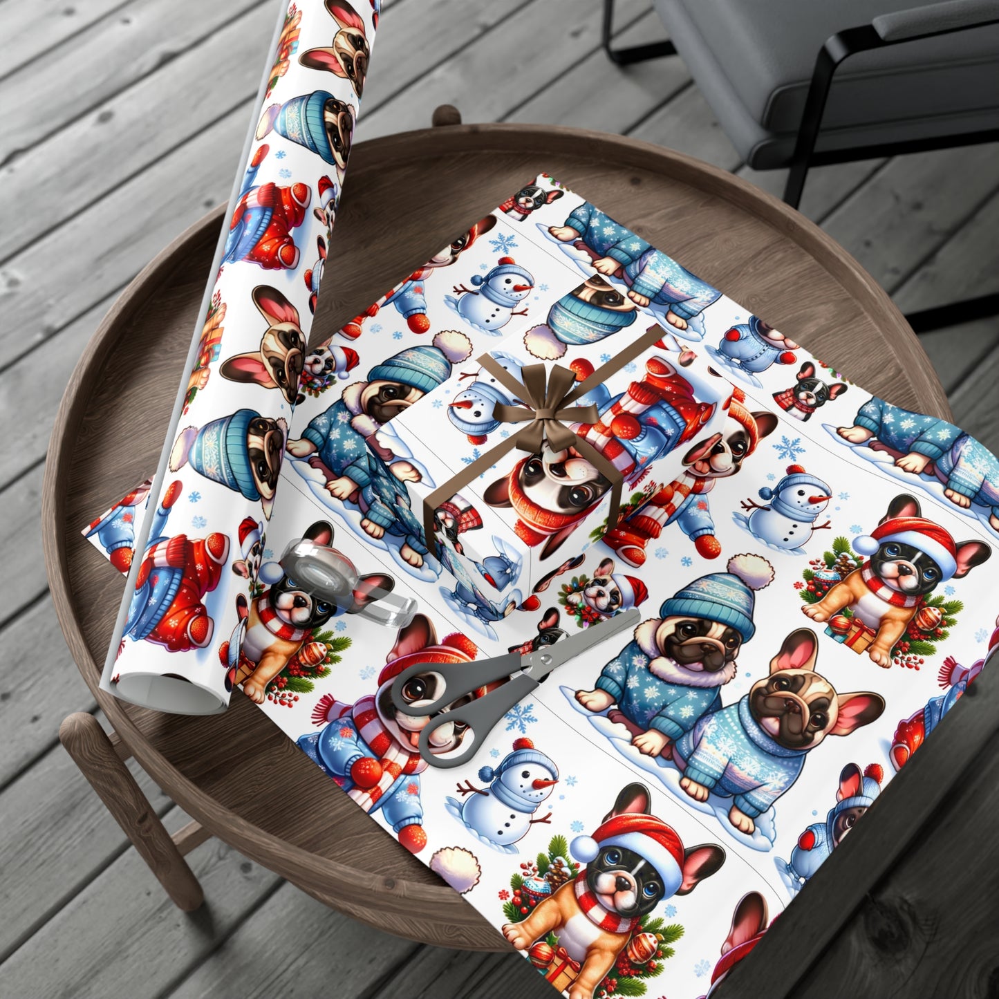 Gift Wrap -Frenchie Puppies Winter Wonderland Design