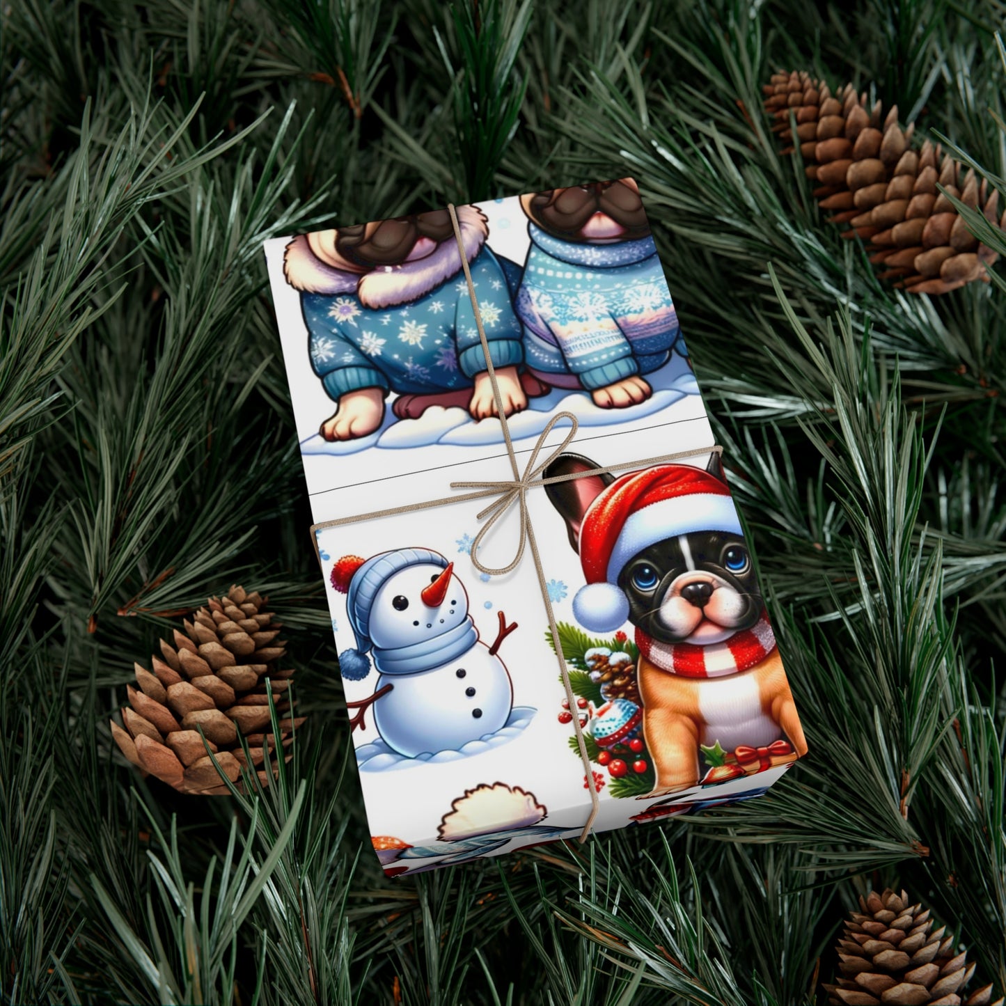 Gift Wrap -Frenchie Puppies Winter Wonderland Design