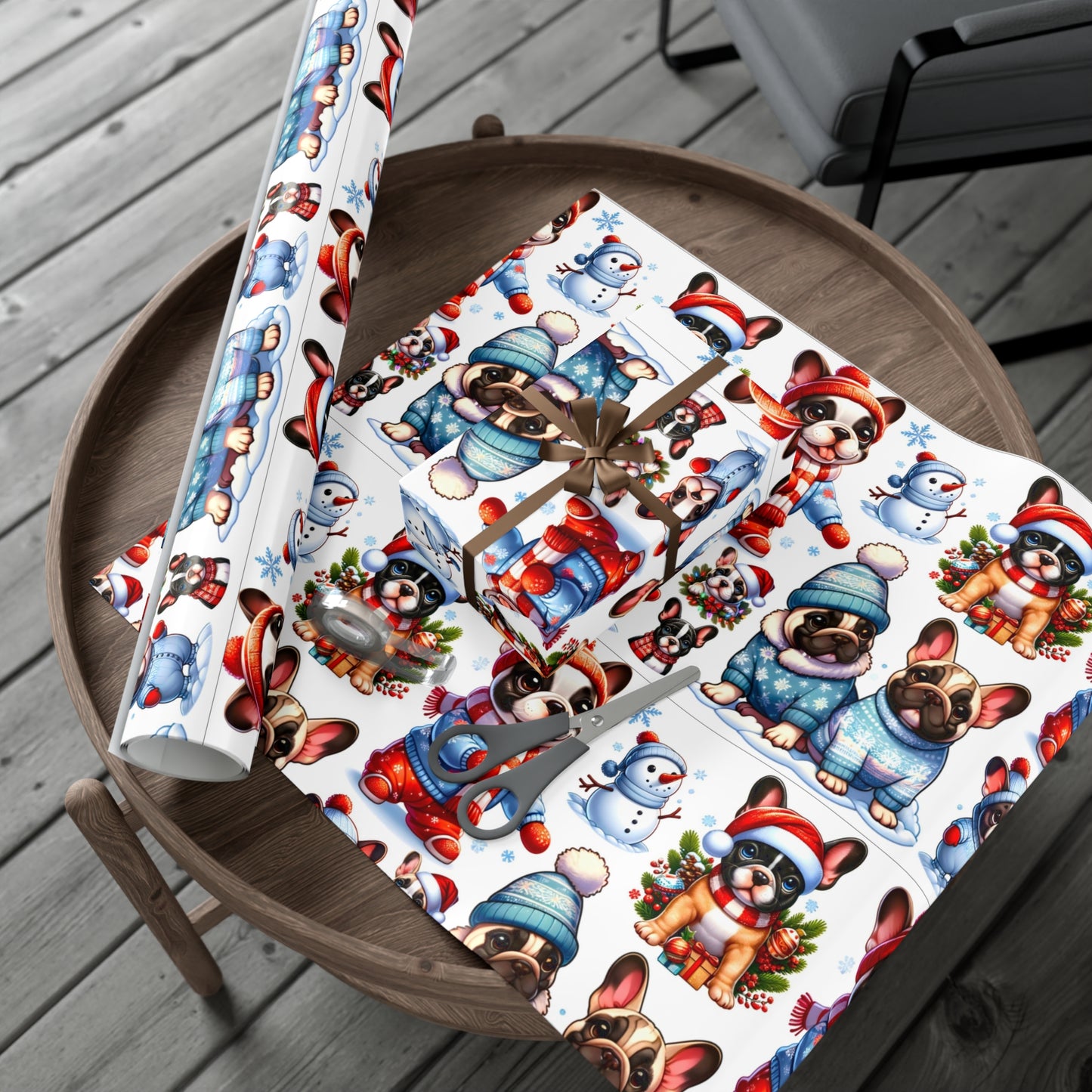 Gift Wrap -Frenchie Puppies Winter Wonderland Design