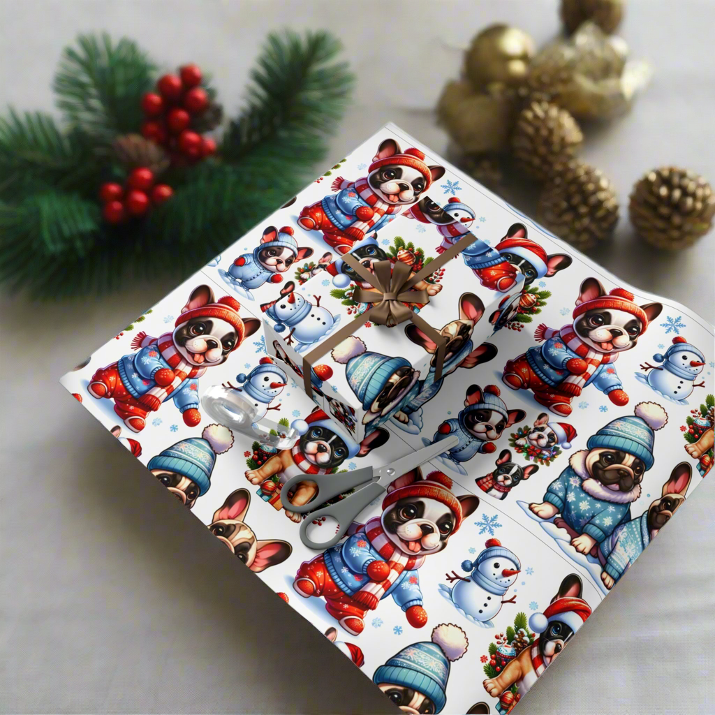 Gift Wrap -Frenchie Puppies Winter Wonderland Design