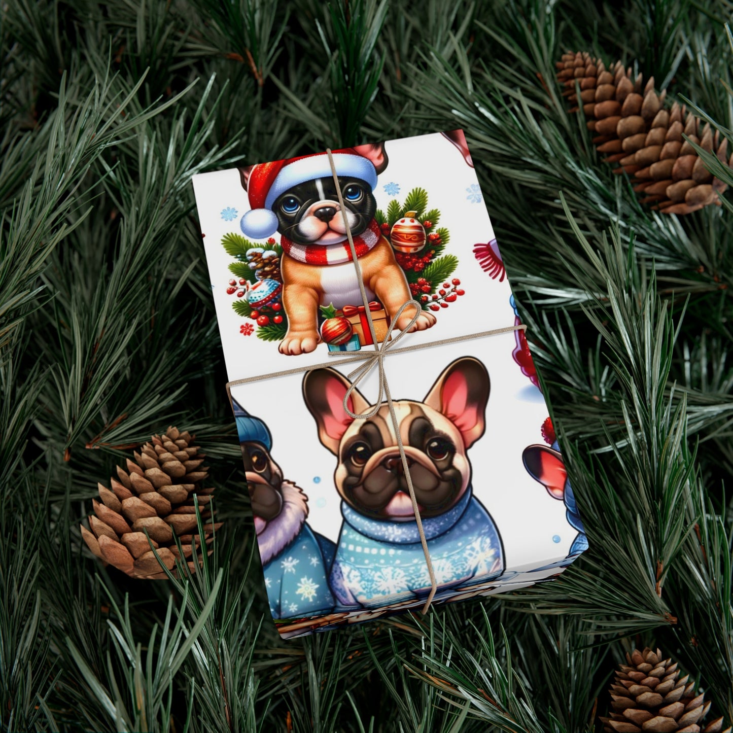 Gift Wrap -Frenchie Puppies Winter Wonderland Design