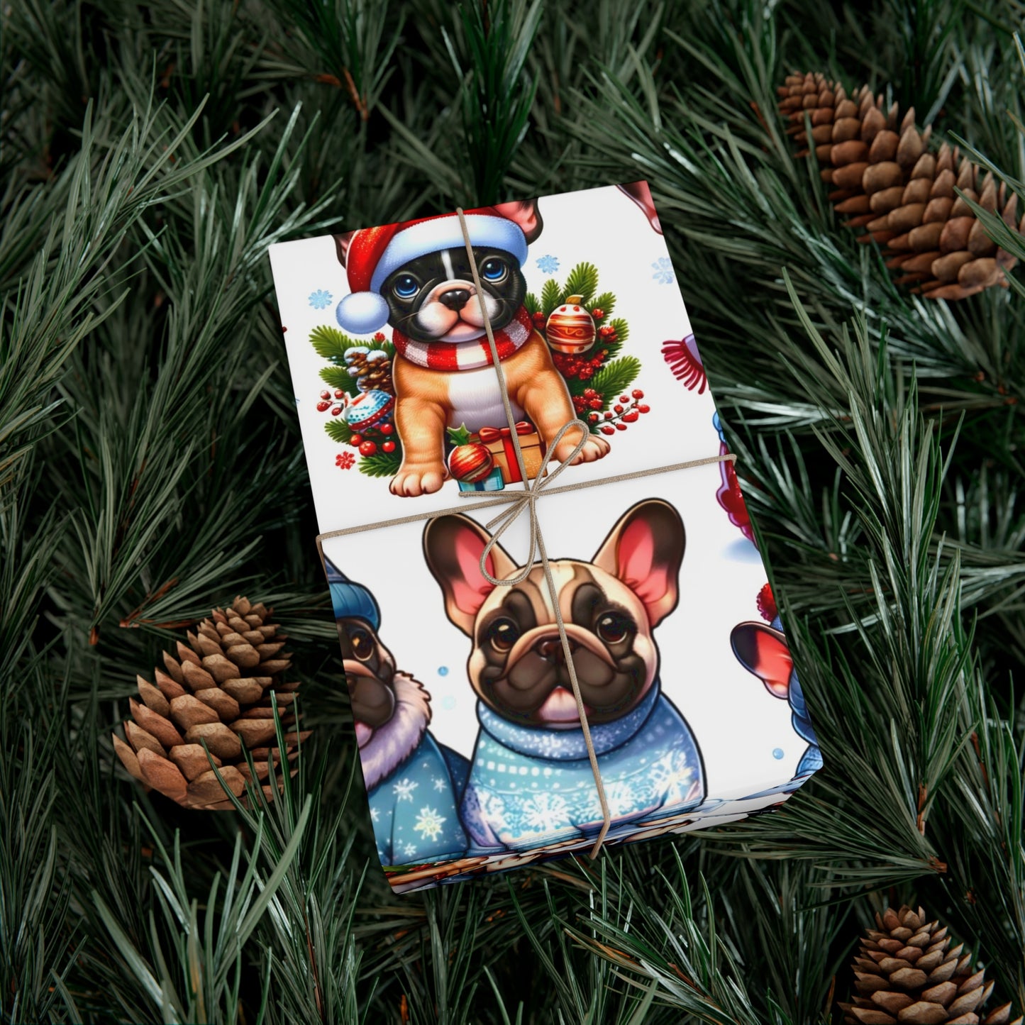 Gift Wrap -Frenchie Puppies Winter Wonderland Design